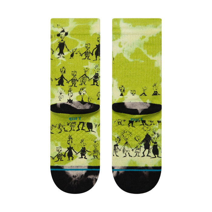 Youth lime green crew socks with Whoville character collage and black toe/heel