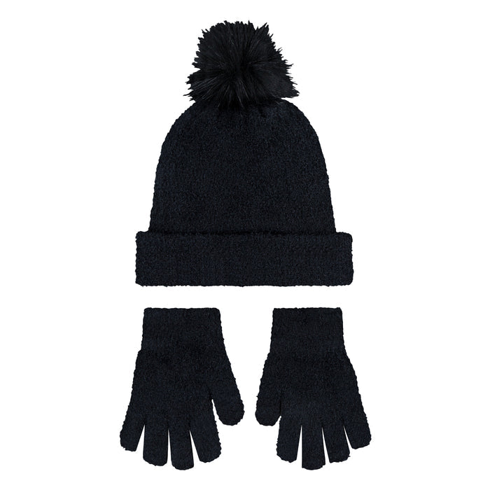 Black pom beanie and plush gloves set with Nike branding on cuff