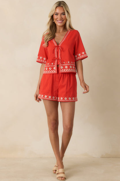 Z Supply Cast Of Waves Poppy Red Embroidered Cotton Shorts