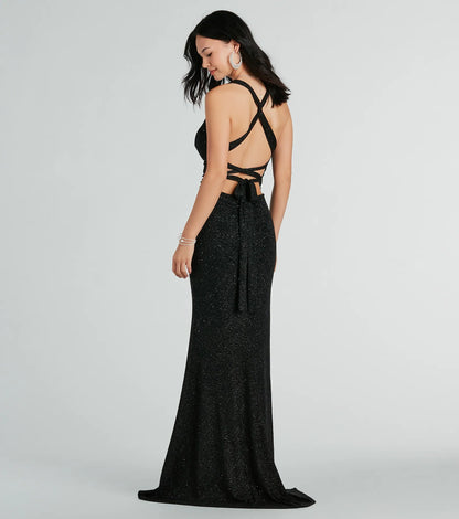 Kat Formal Glitter Lace-Up Column Dress
