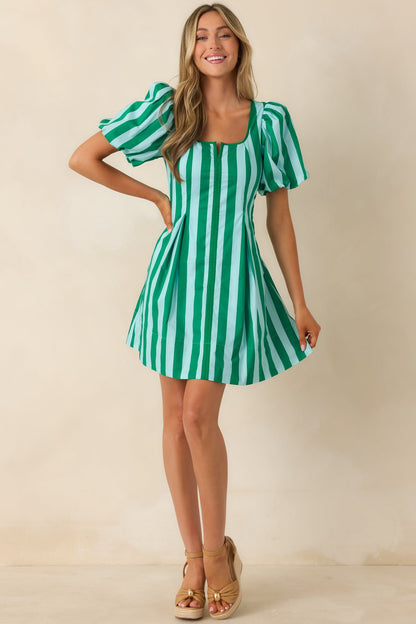 Stripe It Lucky Green & Mint Cotton Puff Sleeve Mini Dress