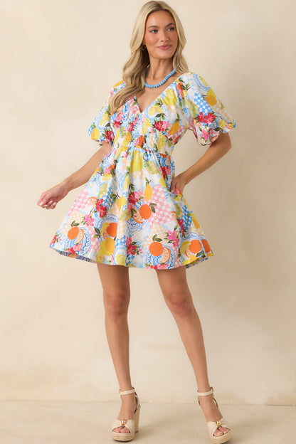 Prosperina Rylee Multi Citrus Print Linen Blend Mini Dress