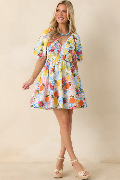 Prosperina Rylee Multi Citrus Print Linen Blend Mini Dress