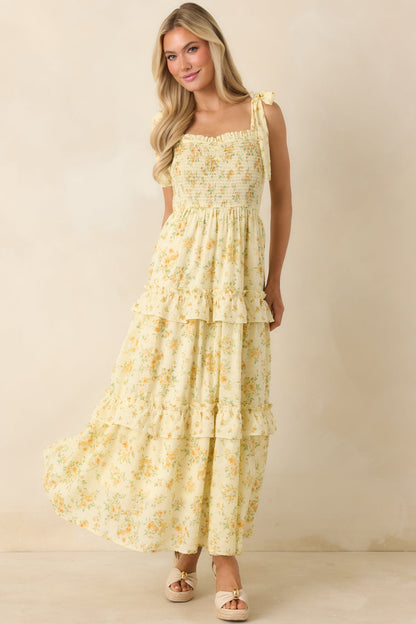 Afternoon Like This Butter Yellow Floral Ruffle Tiered Cotton Midi Dress