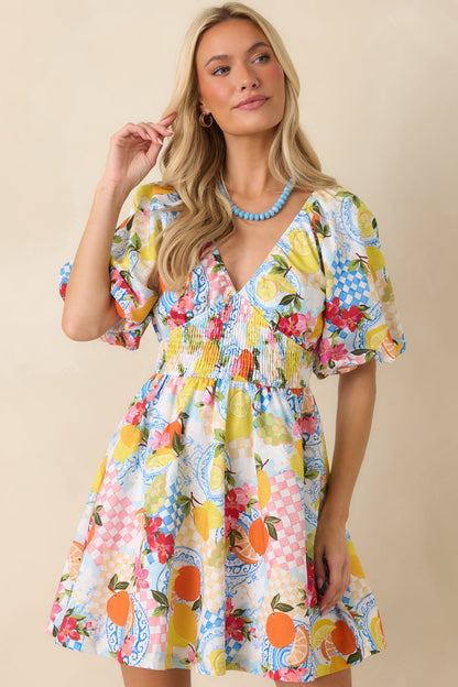 Prosperina Rylee Multi Citrus Print Linen Blend Mini Dress