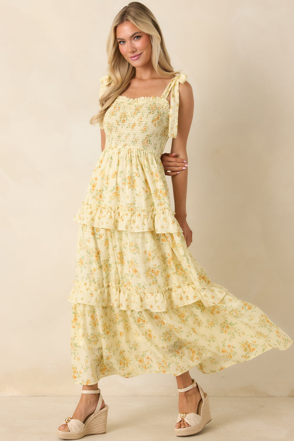 Afternoon Like This Butter Yellow Floral Ruffle Tiered Cotton Midi Dress