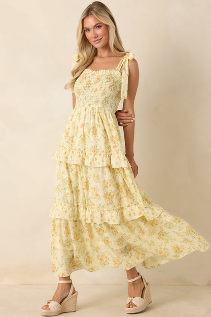 Afternoon Like This Butter Yellow Floral Ruffle Tiered Cotton Midi Dress