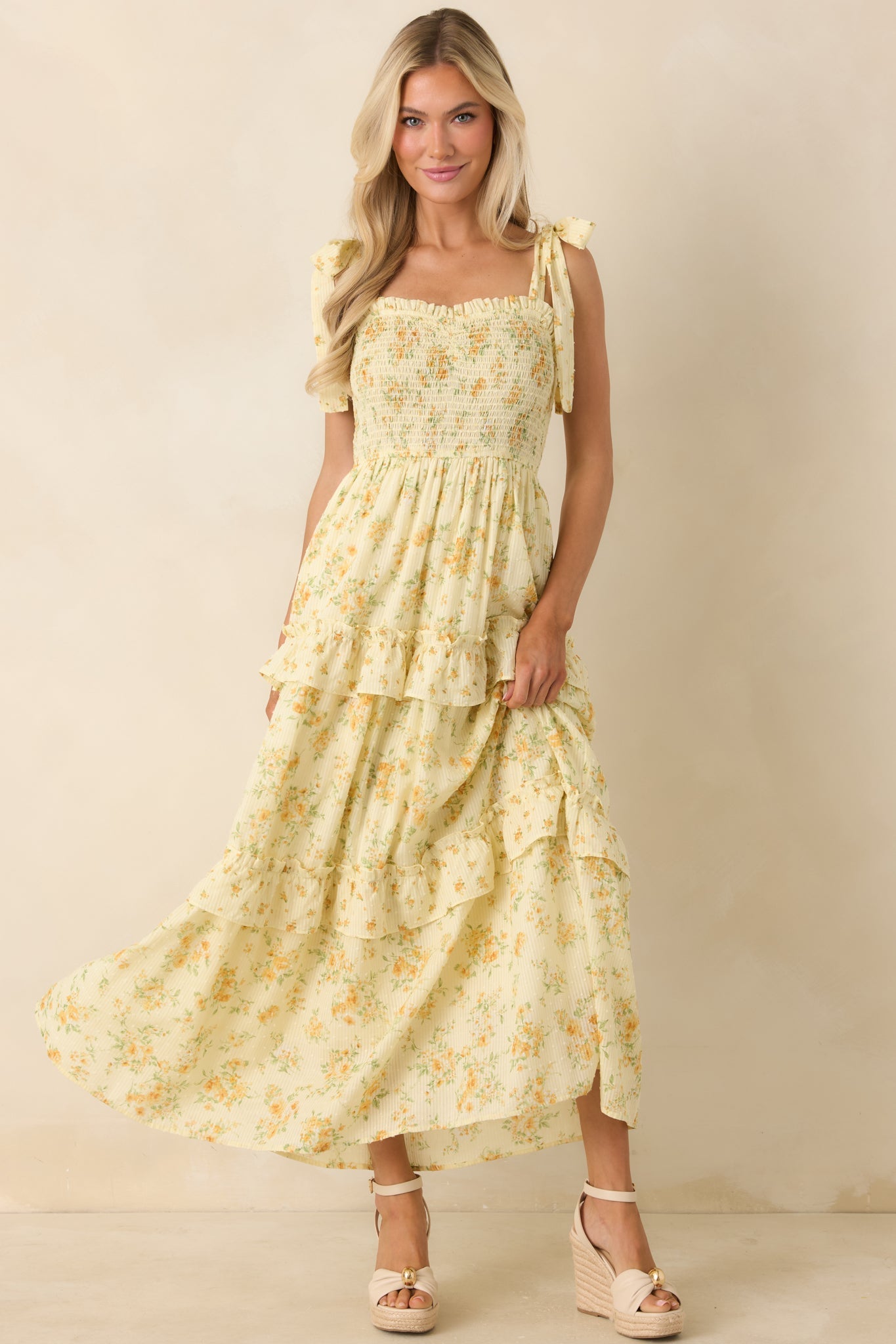 Afternoon Like This Butter Yellow Floral Ruffle Tiered Cotton Midi Dress