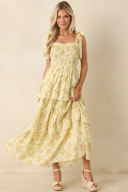 Afternoon Like This Butter Yellow Floral Ruffle Tiered Cotton Midi Dress