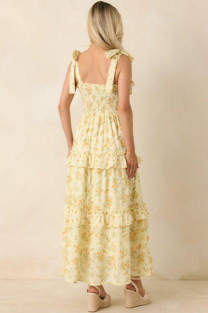 Afternoon Like This Butter Yellow Floral Ruffle Tiered Cotton Midi Dress
