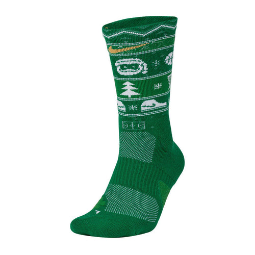 Unisex Christmas crew socks in green with white pattern and gold accent at top