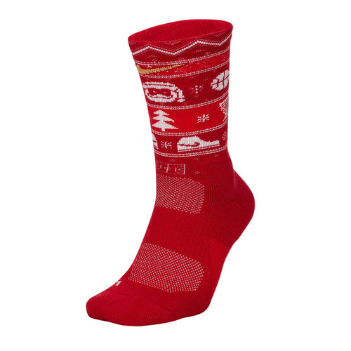 Unisex crew socks in red with white holiday knit pattern and cushioned sole