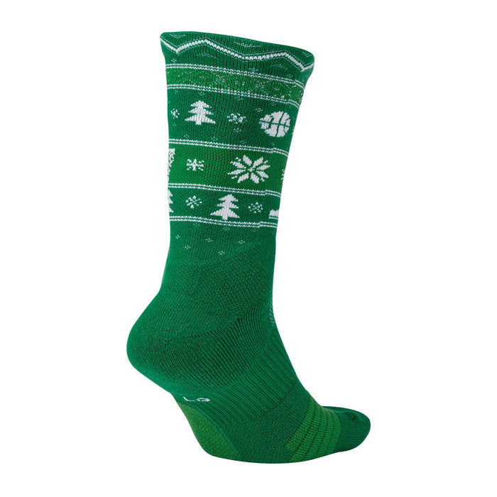 Unisex Christmas crew socks, green with white snowflake and tree stripe pattern