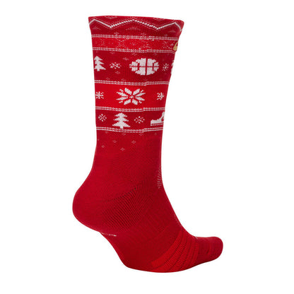Unisex crew socks in red with white Christmas tree and snowflake pattern