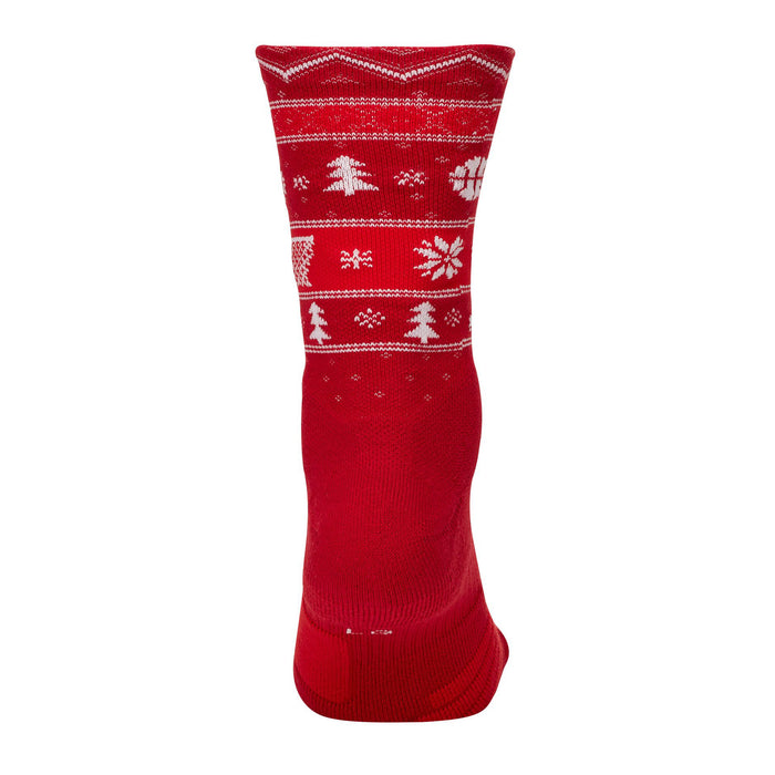 Unisex crew socks in red with white holiday stripe knit cuff and heel