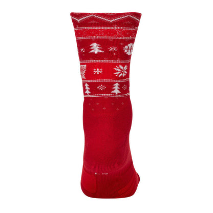 Unisex crew socks in red with white holiday stripe knit cuff and heel