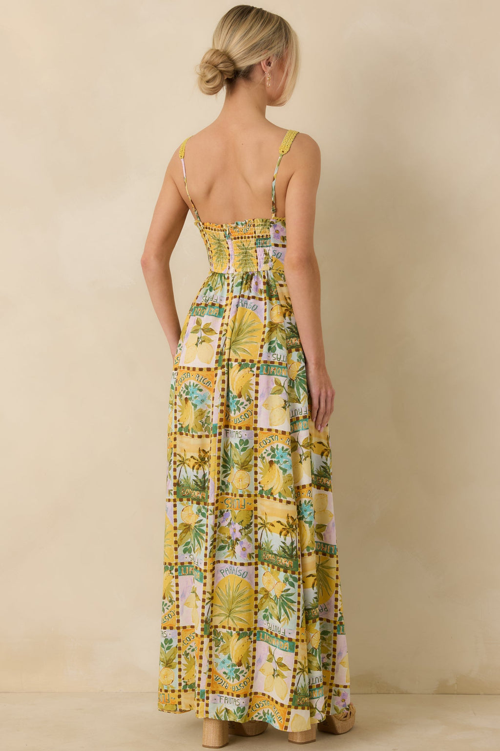 One To Remember Yellow Tropical Print Linen Blend Maxi Dress