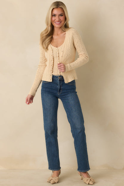 Above All Else Ivory Pointelle Knit Button Up Cardigan