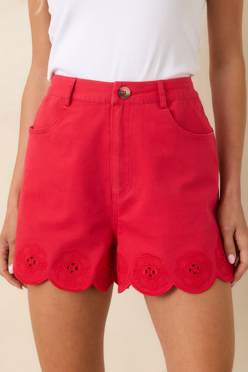 Just Darling Red Cotton Scalloped Hem Shorts