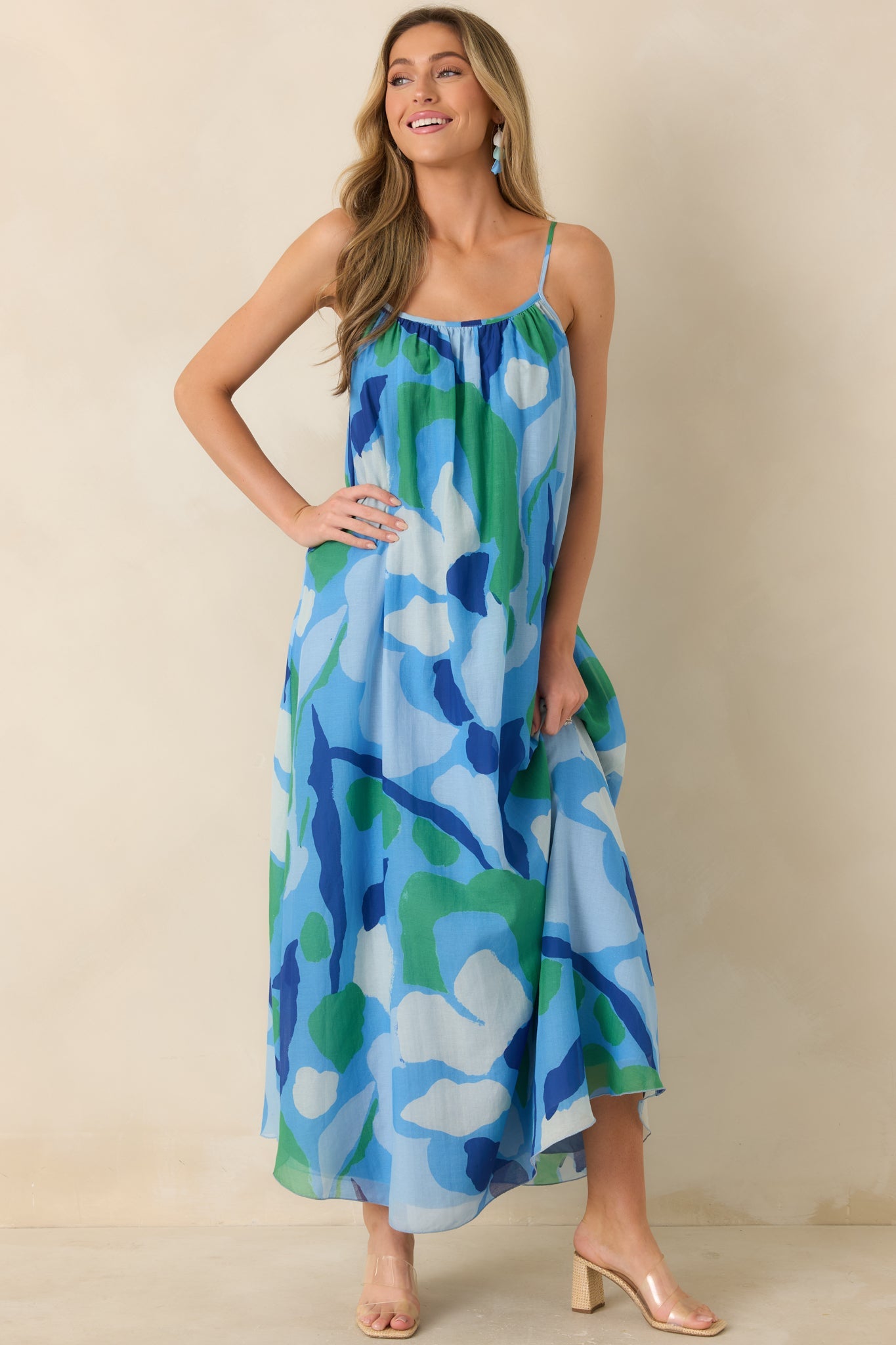 FRNCH Andaman Blue Multi Floral Cotton Silk Sleeveless Maxi Dress