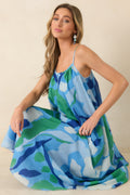 FRNCH Andaman Blue Multi Floral Cotton Silk Sleeveless Maxi Dress