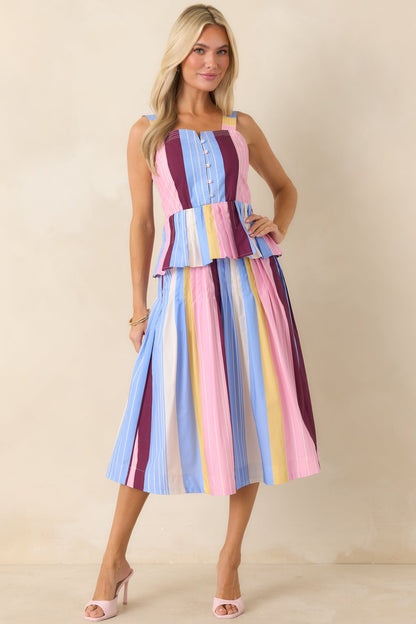 You Noticed Multi Stripe Cotton Pleated Midi Skirt