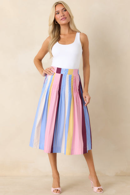 You Noticed Multi Stripe Cotton Pleated Midi Skirt