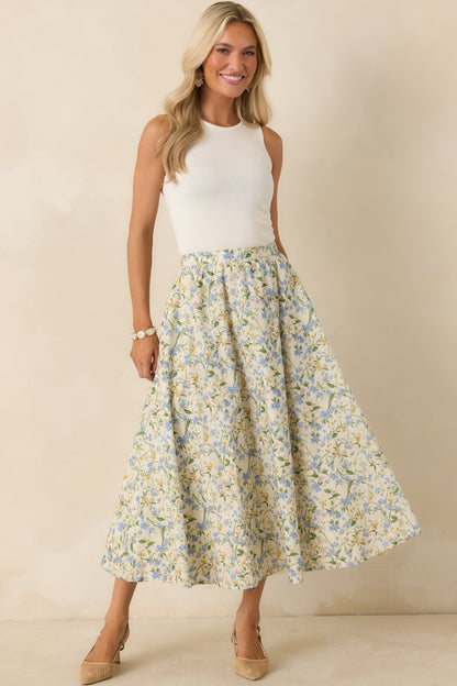 ASTR The Label Wylda Green Multi Cotton Floral Midi Skirt