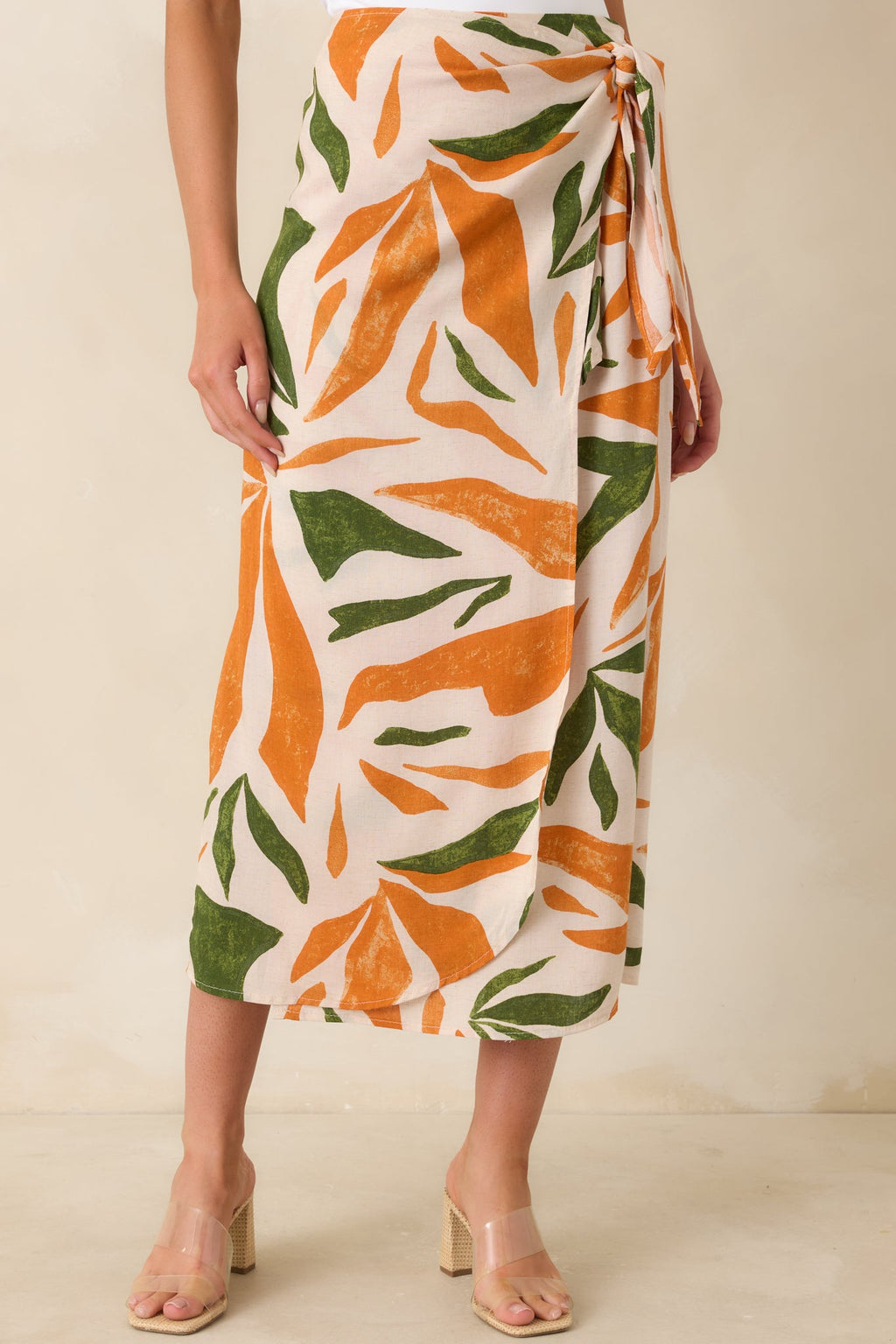 Cabana Chic Beige Tropical Print Midi Wrap Skirt