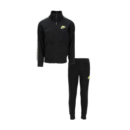 Kids black tricot track set with zip jacket and tapered pants, neon logo accents