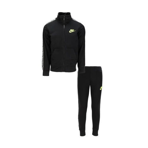 Kids black tricot track set with zip jacket and tapered pants, neon logo accents