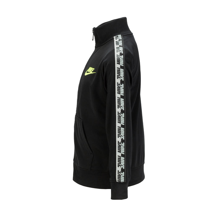 Kids black tricot zip jacket with neon logo and vertical tape graphic on sleeve