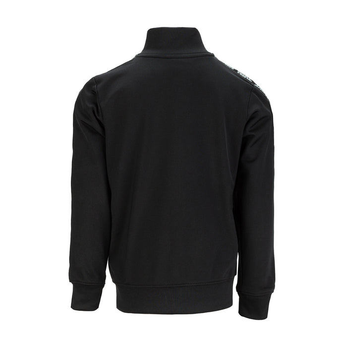 Kids black tricot zip jacket with stand collar, back view