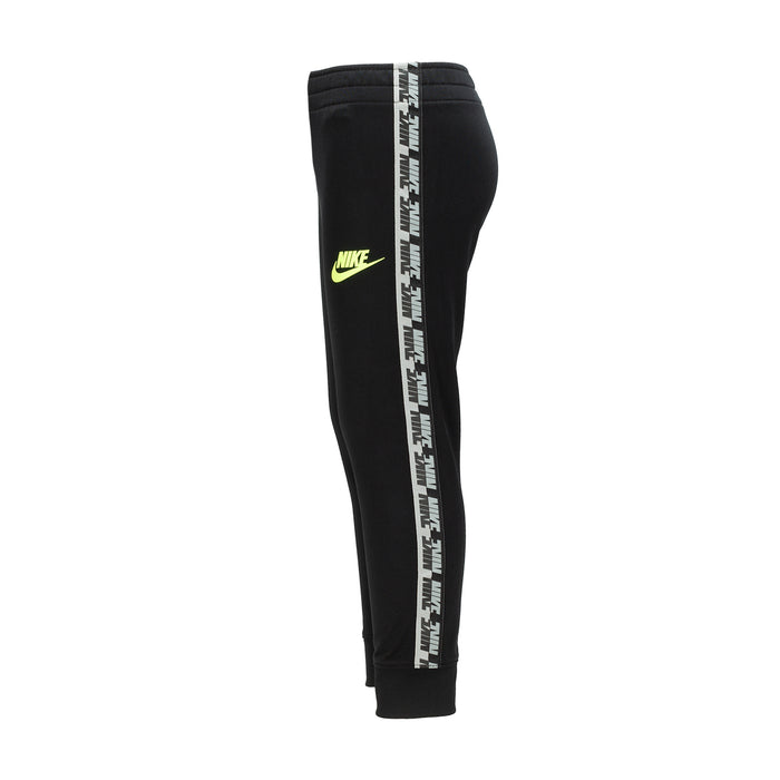 Kids black tricot track pants with side tape stripe and neon logo accents