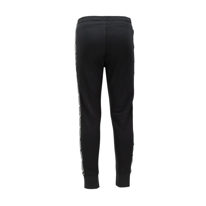 Kids black tricot track pants, back view with elastic cuffs and taped seams