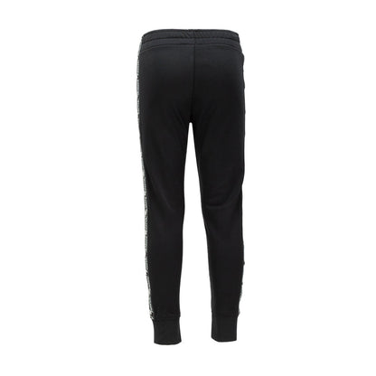 Kids black tricot track pants, back view with elastic cuffs and taped seams