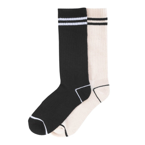 2-pack medium striped crew socks, black and chalk with contrast top stripes