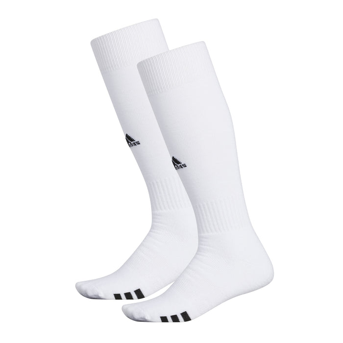 2-pack over-the-calf white socks with black logo and toe stripes