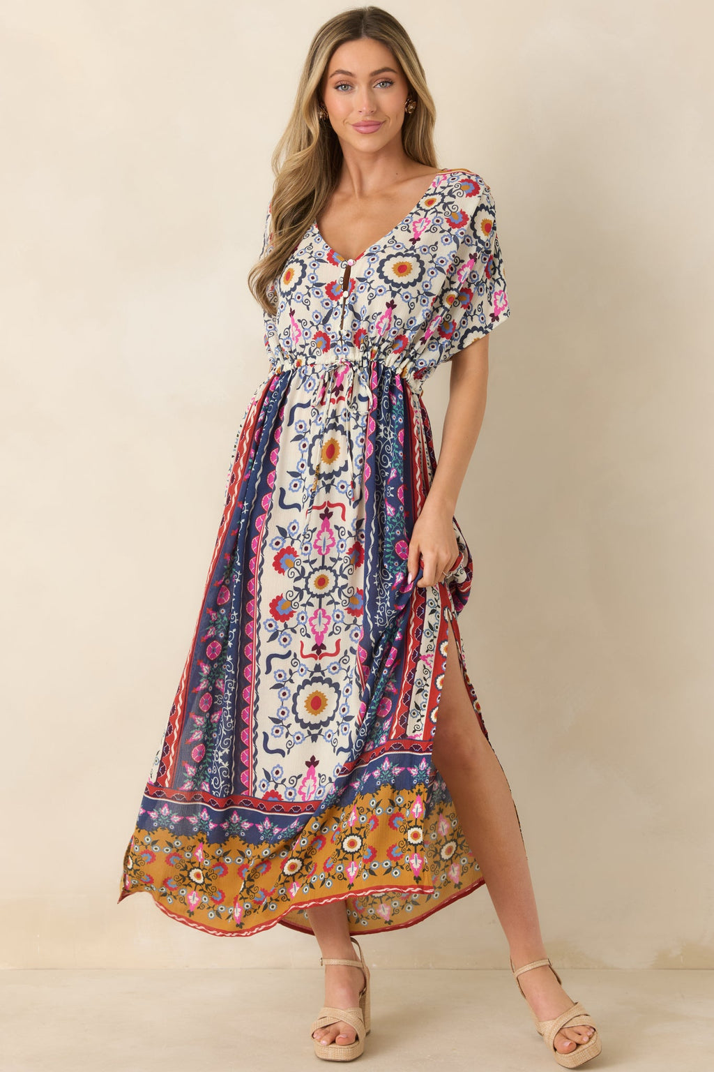 Drawn To The Horizon Navy Multi Print Short Sleeve Maxi Dress