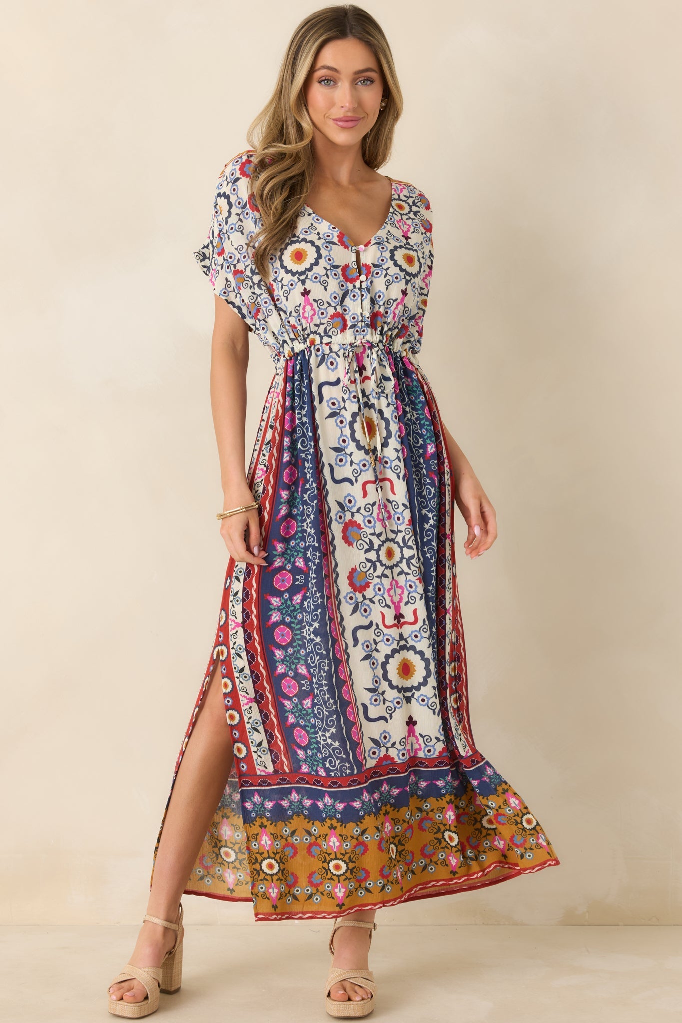 Drawn To The Horizon Navy Multi Print Short Sleeve Maxi Dress