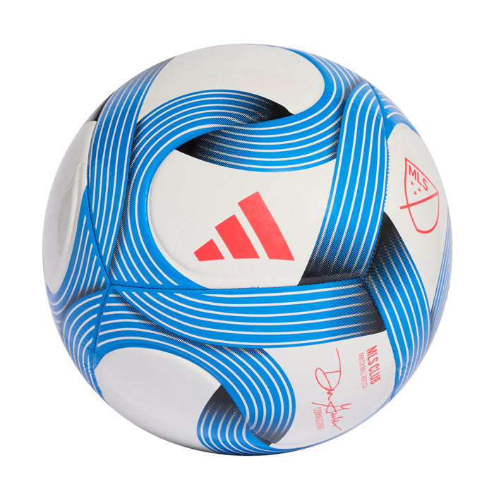 White soccer ball with blue swirl stripes, adidas logo, and MLS crest details.