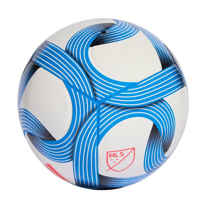 White and blue match soccer ball with MLS shield logo on side panel.