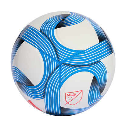 White and blue match soccer ball with MLS shield logo on side panel.