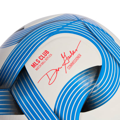 Close-up of white and blue soccer ball, MLS Club text and autograph graphics.