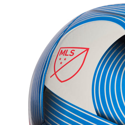 White soccer ball panel with red MLS shield logo and blue swirl stripe design.