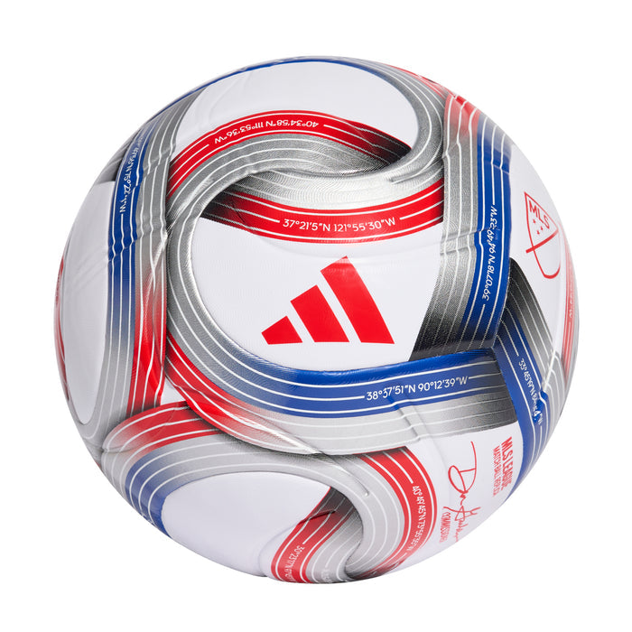 Soccer ball with white panels, red and blue curved stripes, silver metallic trim