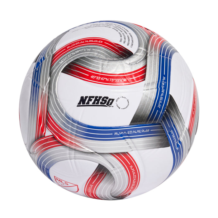 Soccer ball with NFHS logo, white panels, red and blue stripes, silver metallic trim