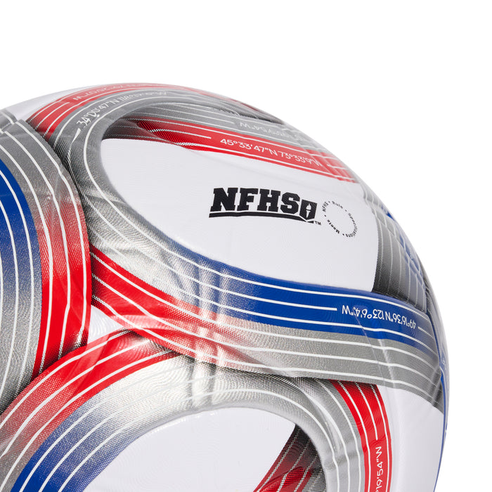 Close-up soccer ball with NFHS logo, white surface, blue and red stripes, silver trim