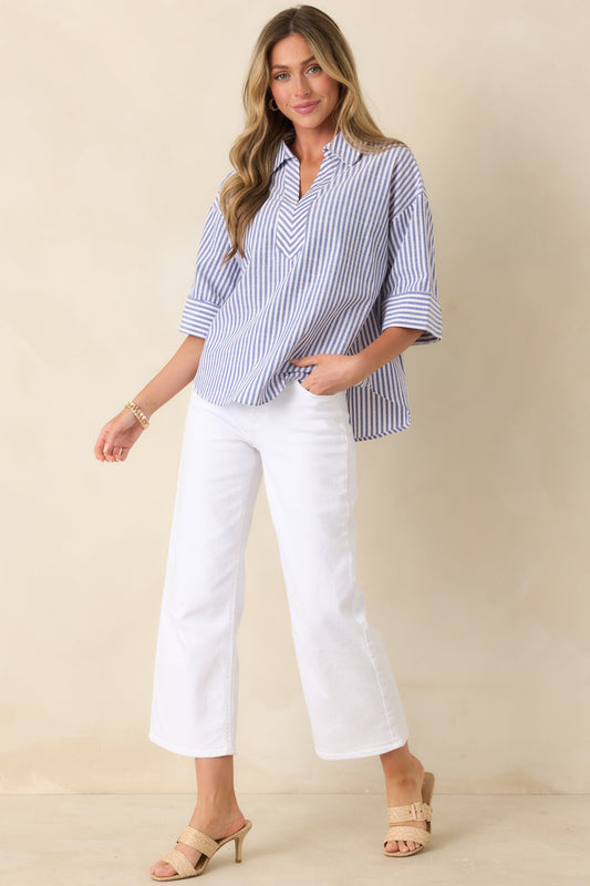 Leading Lines Blue Stripe Collared V-Neck Blouse