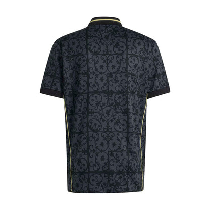 Men's navy Liverpool jersey back view with gold side piping and all-over pattern.